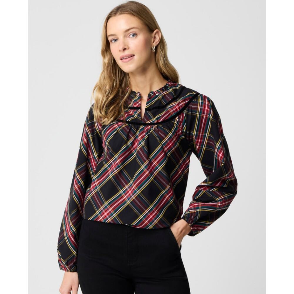 J Crew Tartan Poplin Top NWT Womens Size Medium Red Plaid Split Neck Peasant